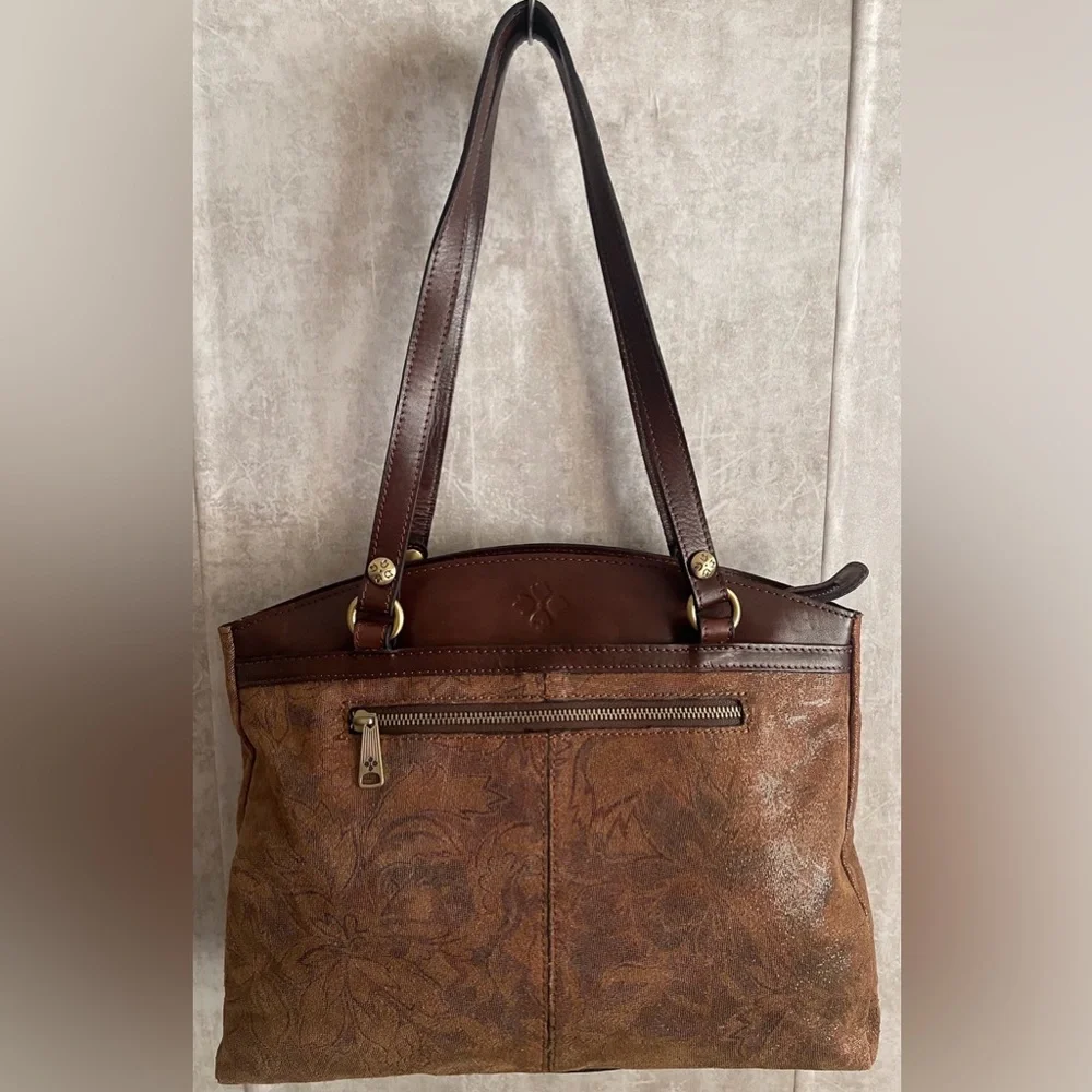 Patricia Nash Poppy Tote Peruvian Tooling Nappa Etched Floral Brown Shoulder Bag